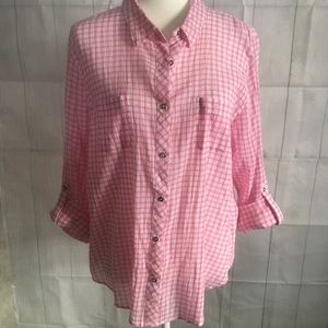 Basics Editions button up top pink & white XL